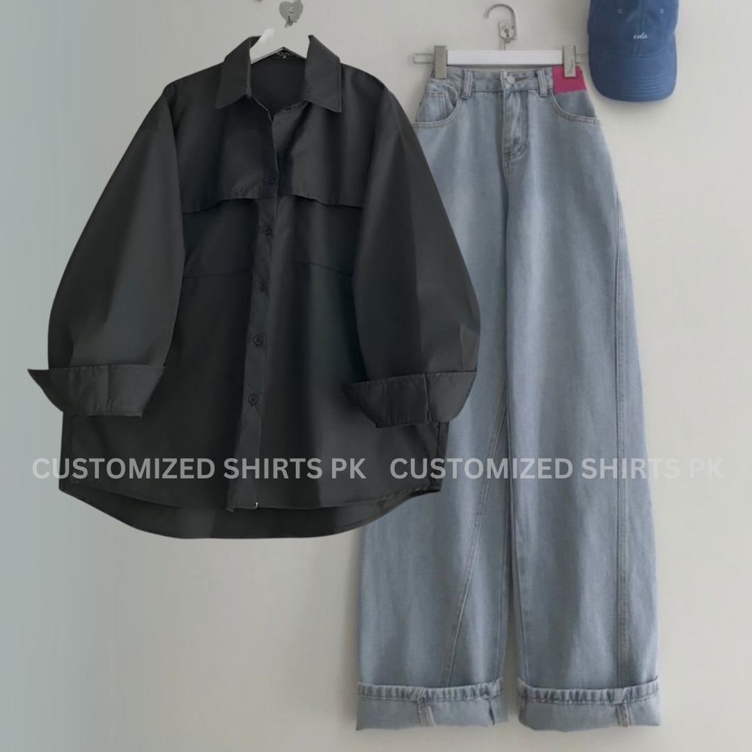 Black Button Down Shirt With Ice Blue Jeans