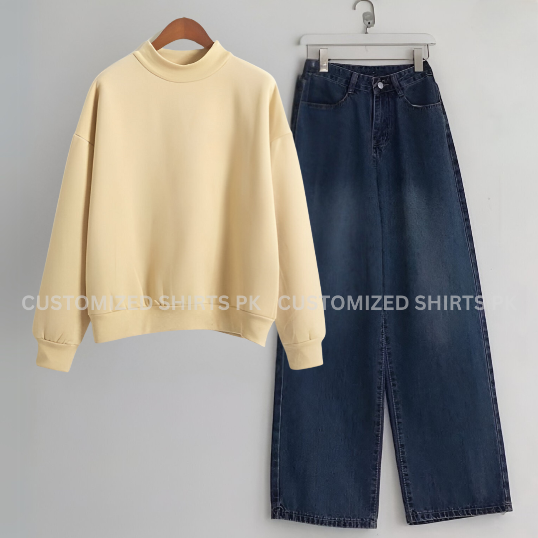 Beige Sweatshirt & Navy Blue Jeans