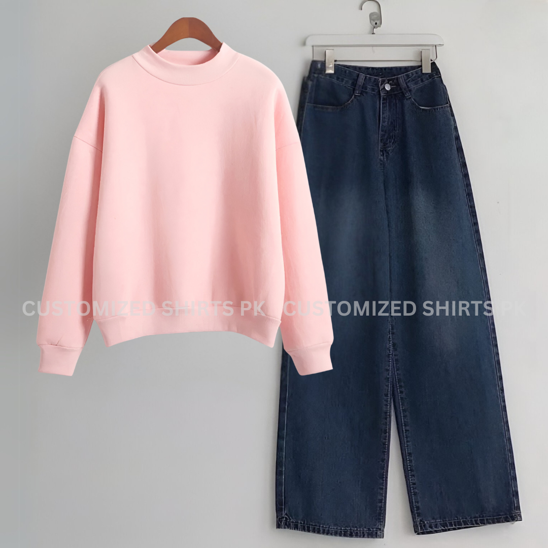 Pink Sweatshirt & Navy Blue Jeans