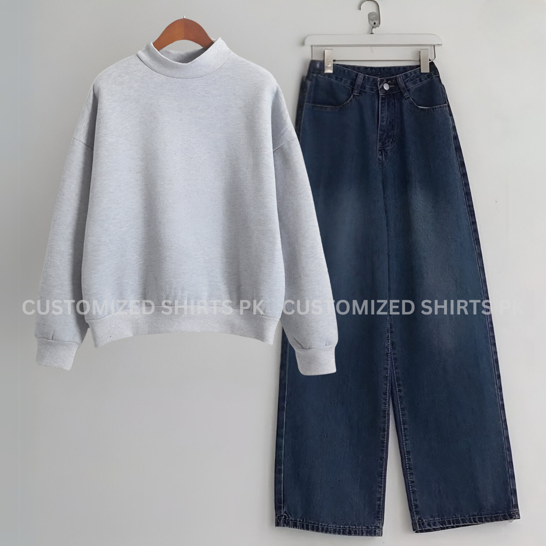 Grey Sweatshirt & Navy Blue Jeans
