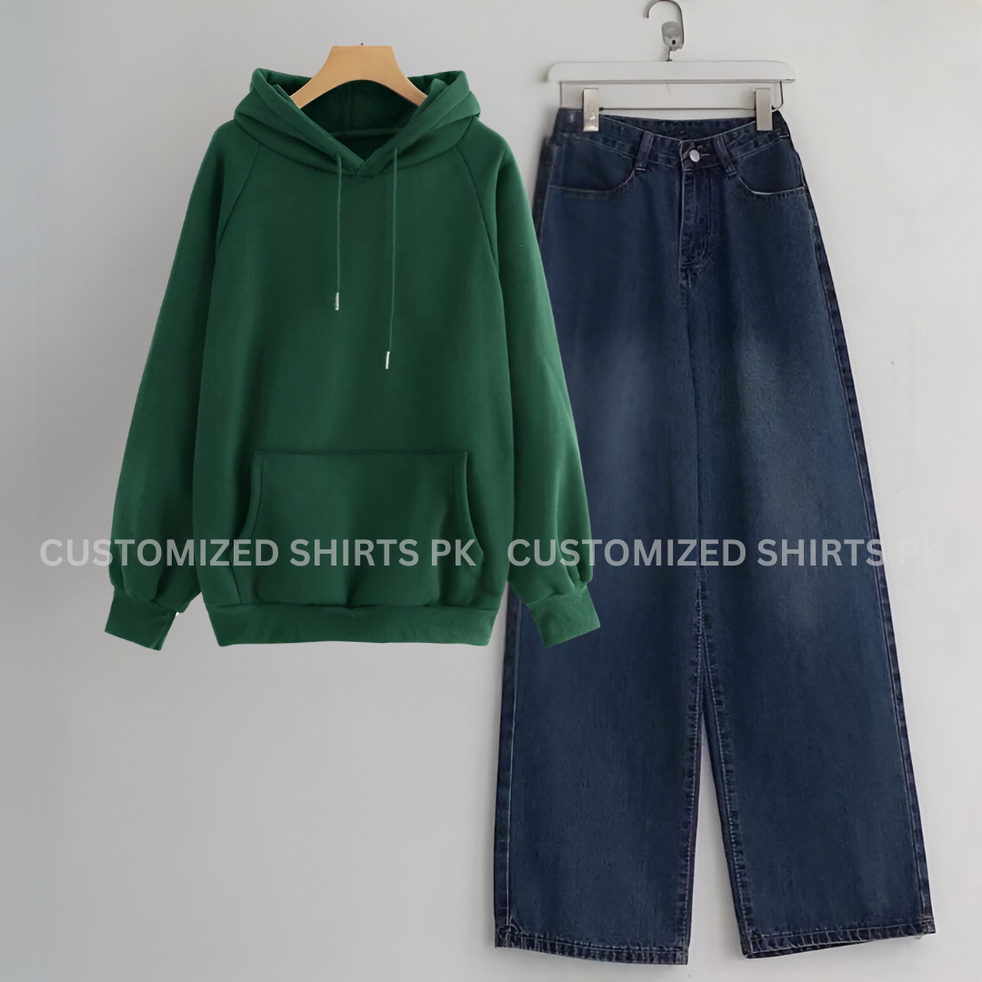 Green Hoodie & Navy Blue Jeans