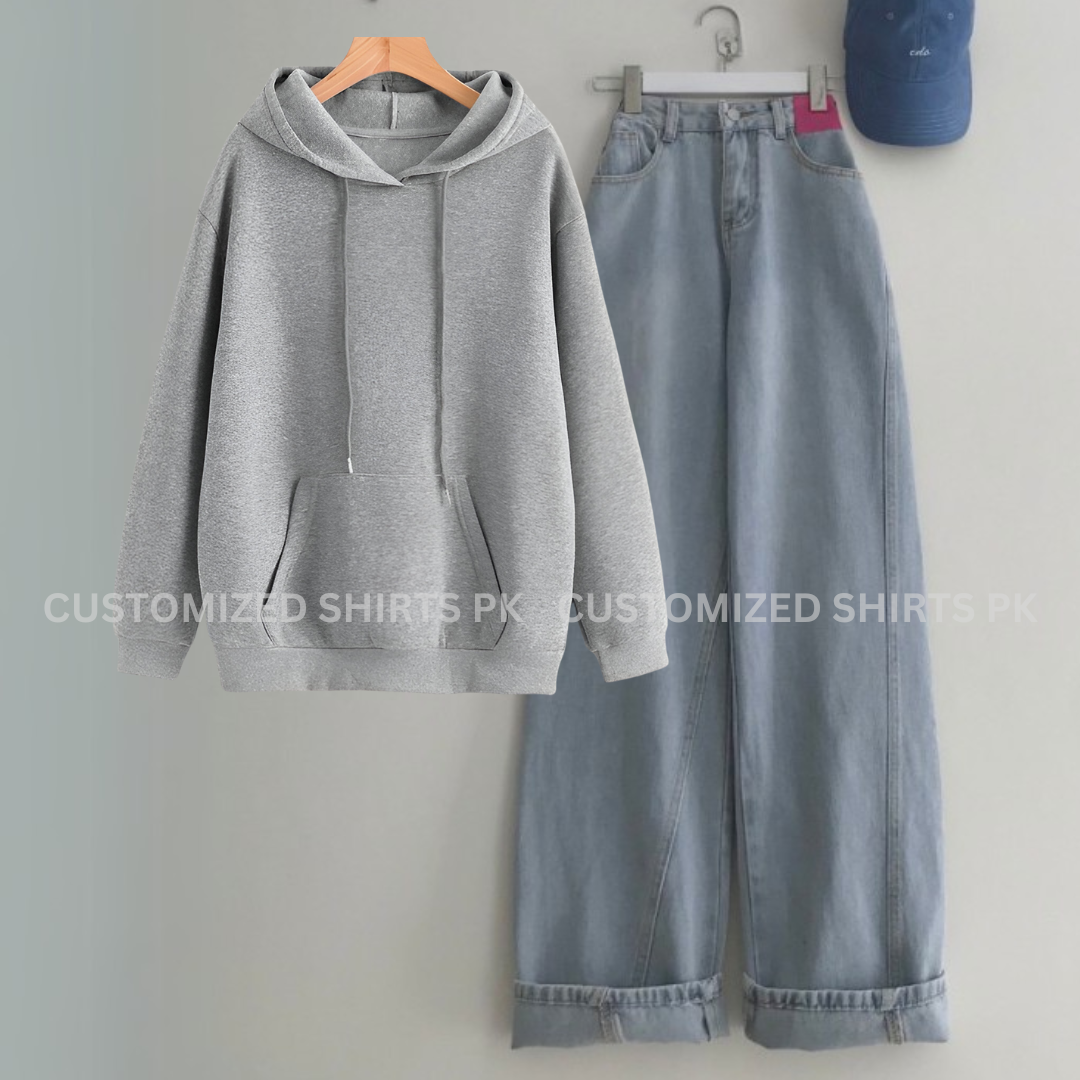 Grey Hoodie & Ice blue Jeans