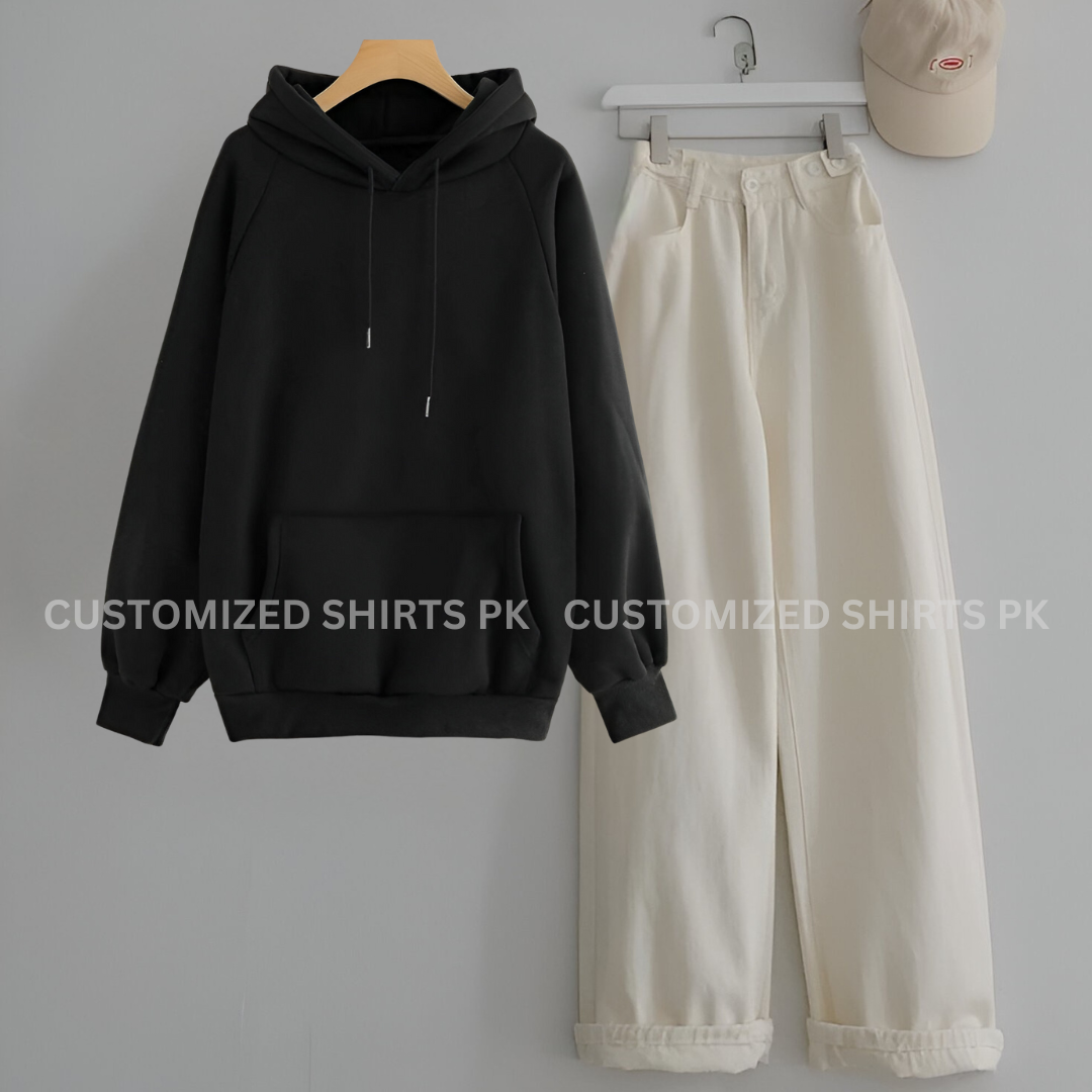 Black Hoodie & Beige Jeans