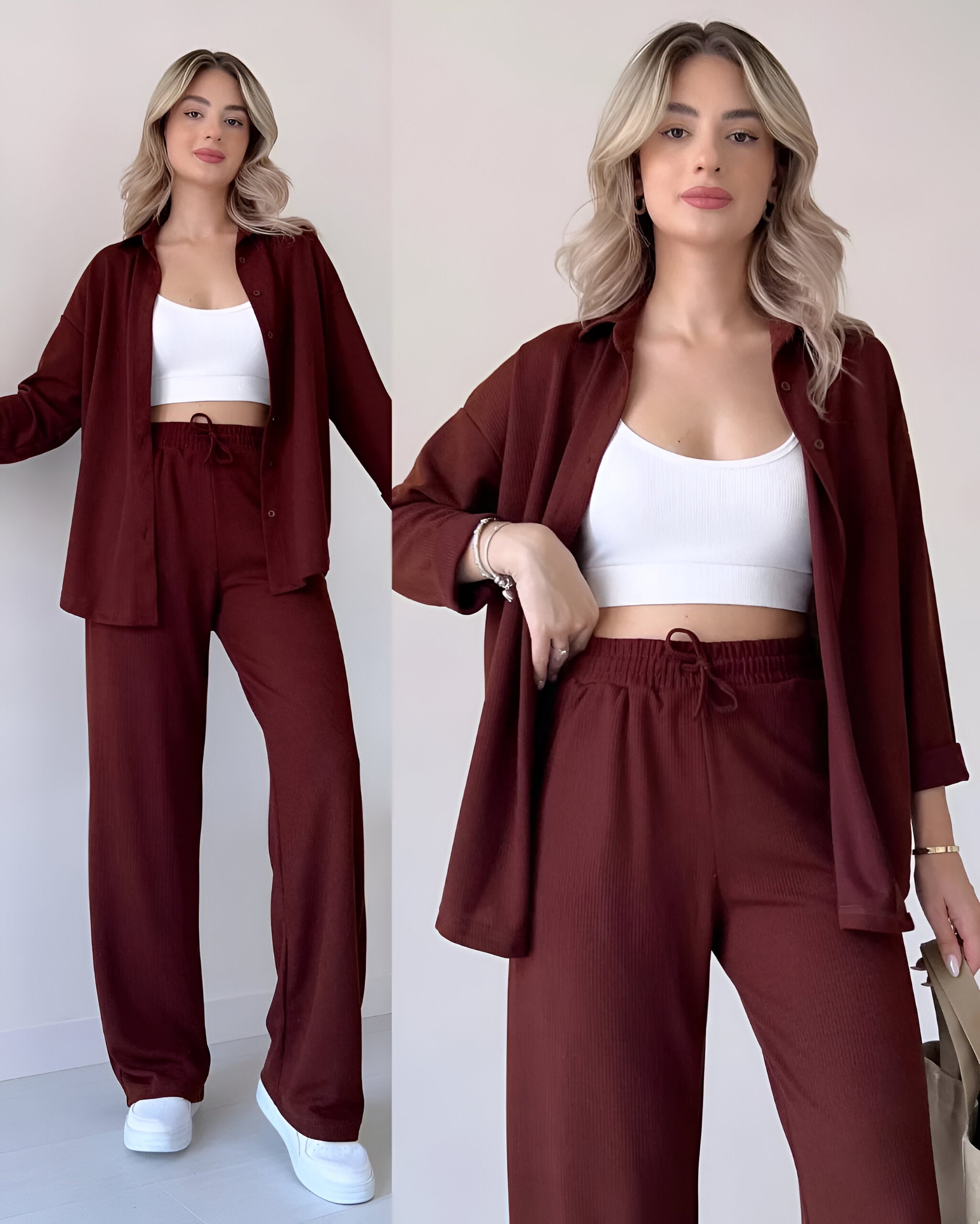 Women Maroon Button Down Top With Elasticated Pants