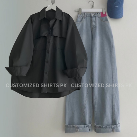 Black Button Down Shirt With Ice Blue Jeans