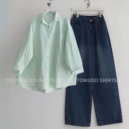 Mint Green Button Down Shirt With Navy Jeans