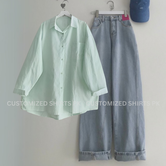 Mint Green Button Down Shirt With Ice Blue Jeans