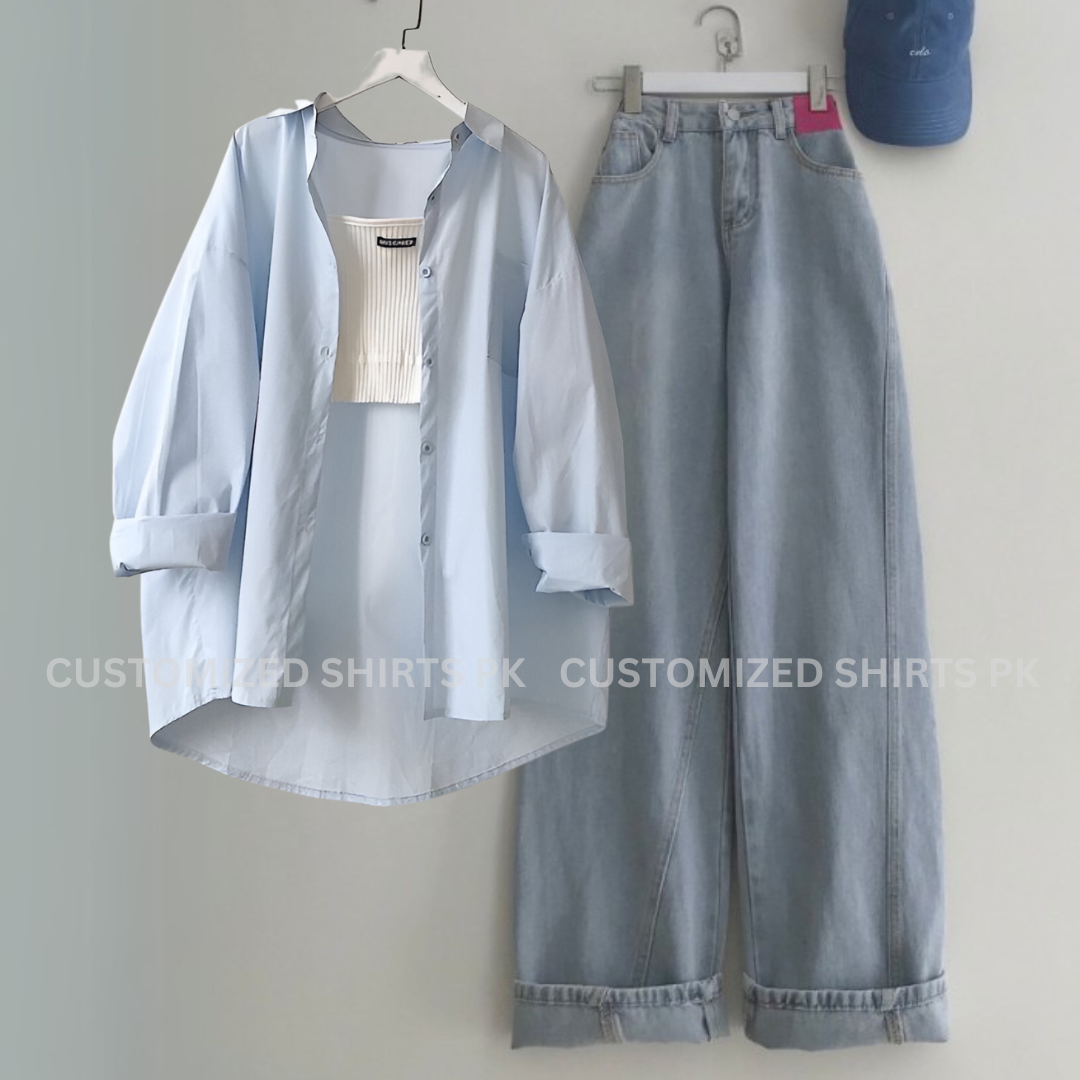 Sky Button Down Shirt With Ice Blue Jeans