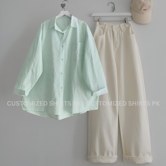 Mint Green Button Down Shirt With Beige Jeans