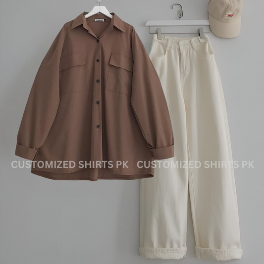 Brown Button Down Shirt With Beige Jeans