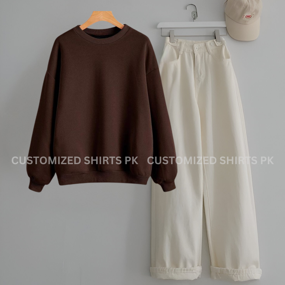 Brown sweatshirt & Ice blue Jeans