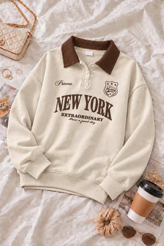 Beige NY Collared Sweatshirt
