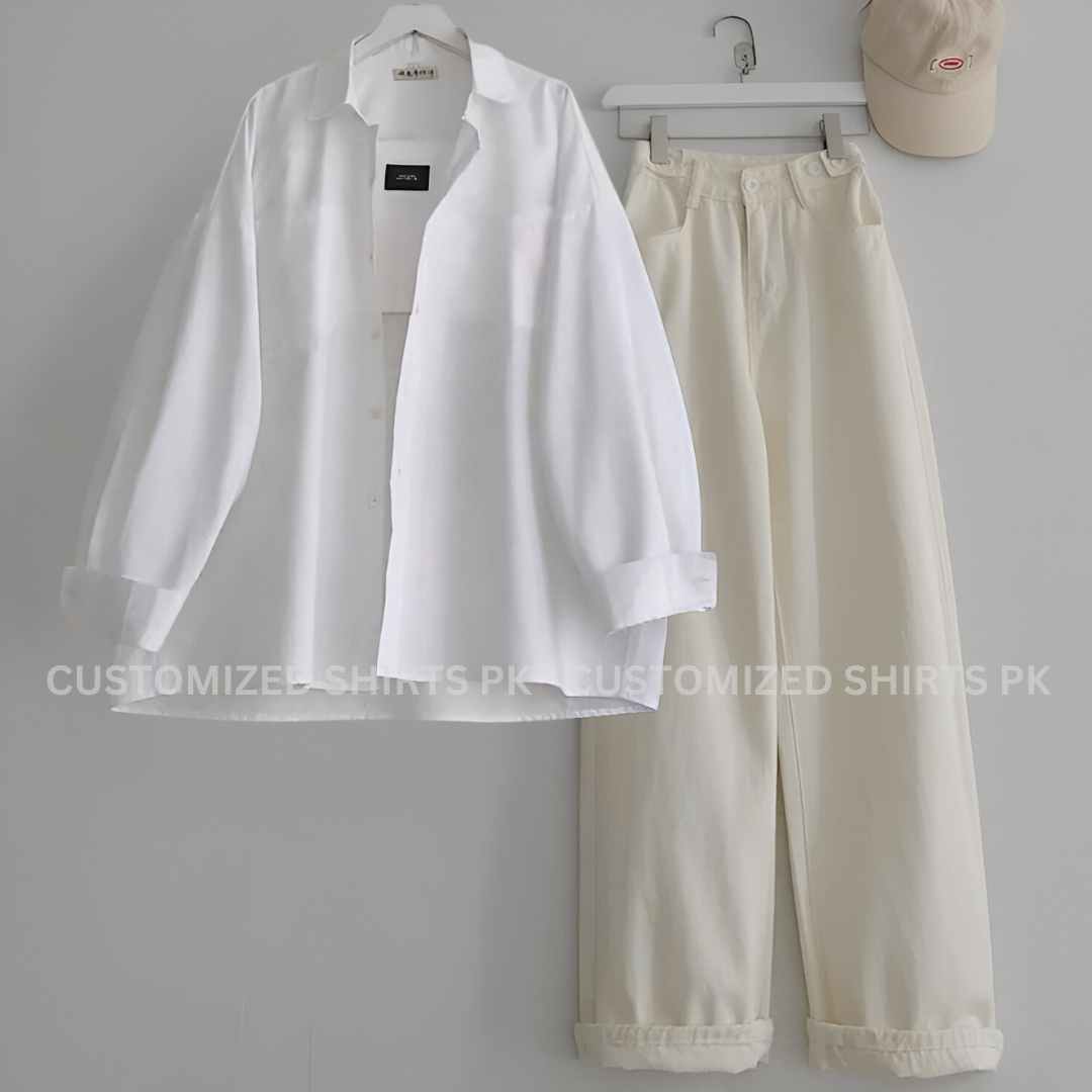 White Button Down Shirt With Beige Jeans