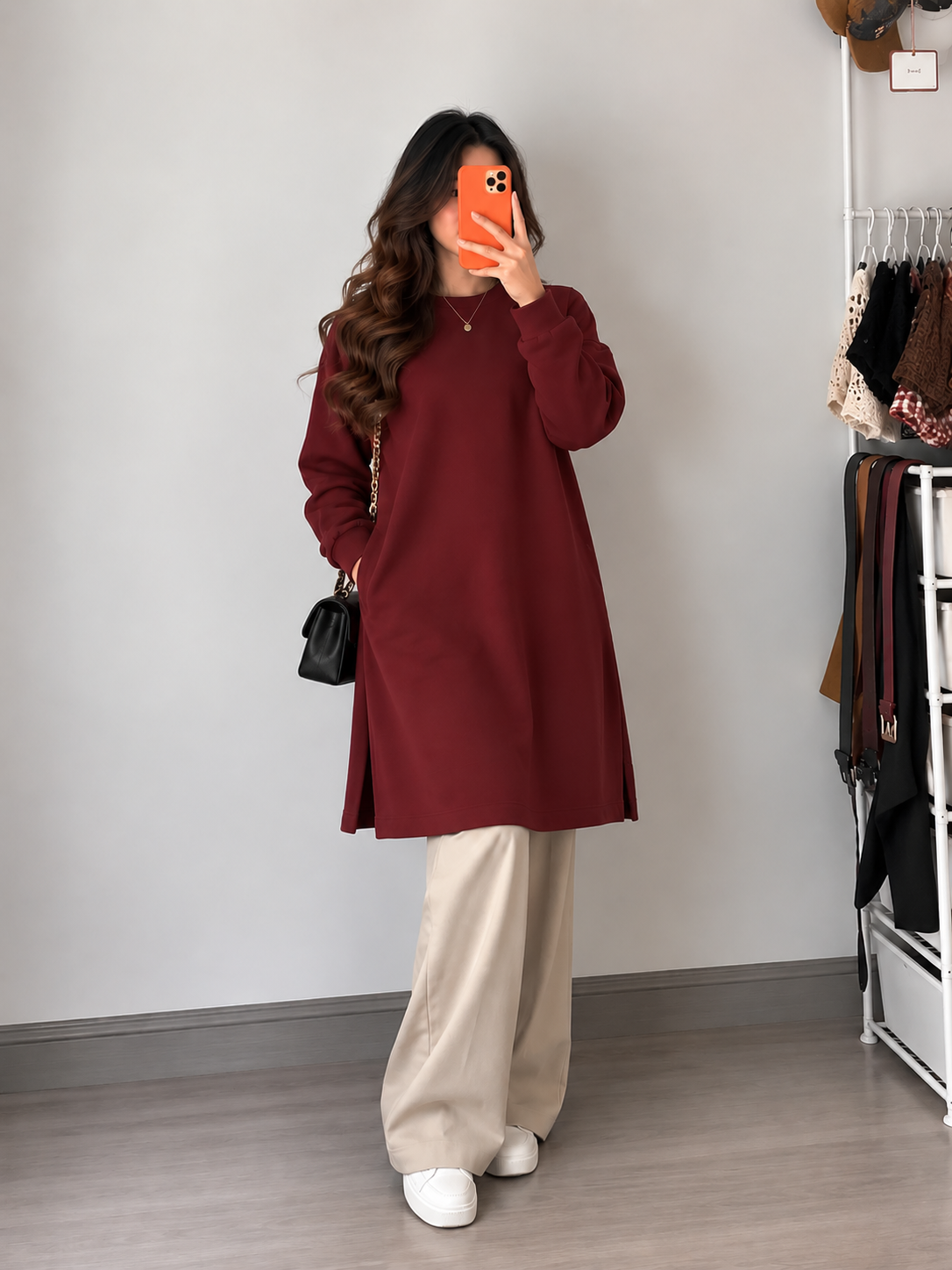 Marron Long Sweatshirt & Beige Flapper