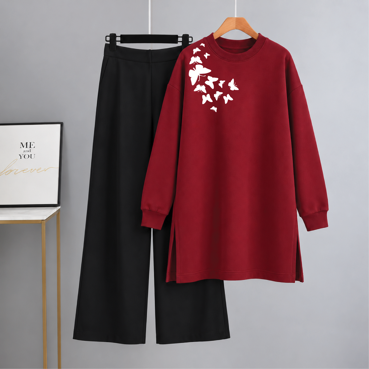 Butterflies Marron Long Sweatshirt & Black Flapper