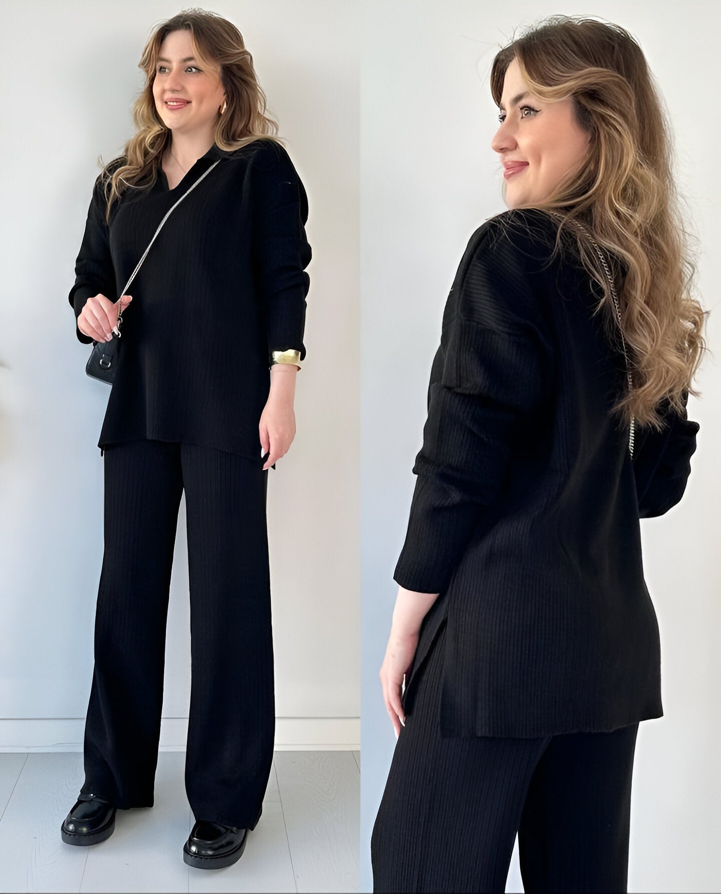BLACK V-NECK 2 PIECE KNIT SET