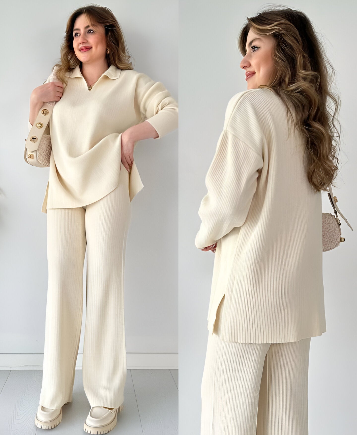 BEIGE V-NECK 2 PIECE KNIT SET