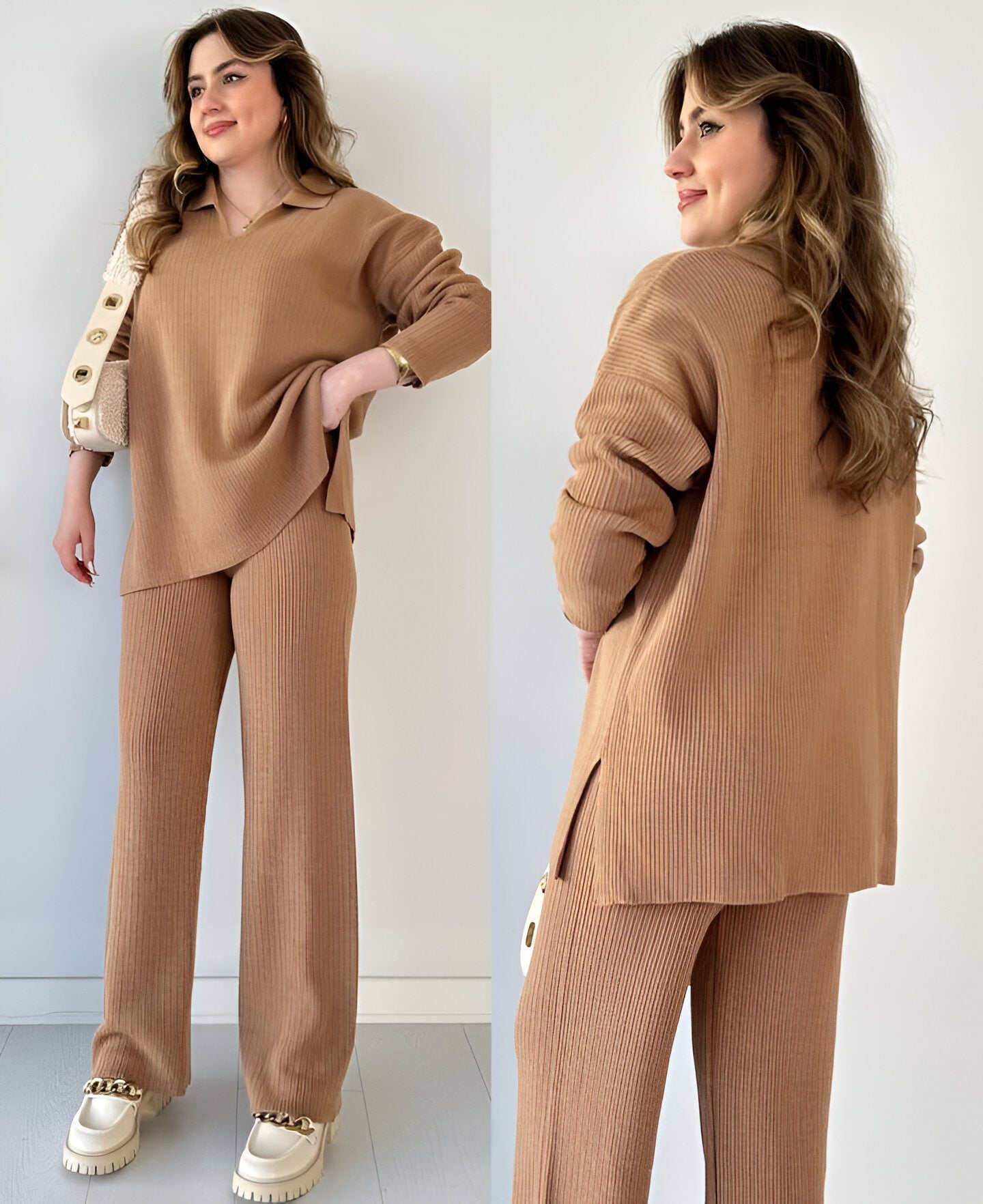 BROWN V-NECK 2 PIECE KNIT SET