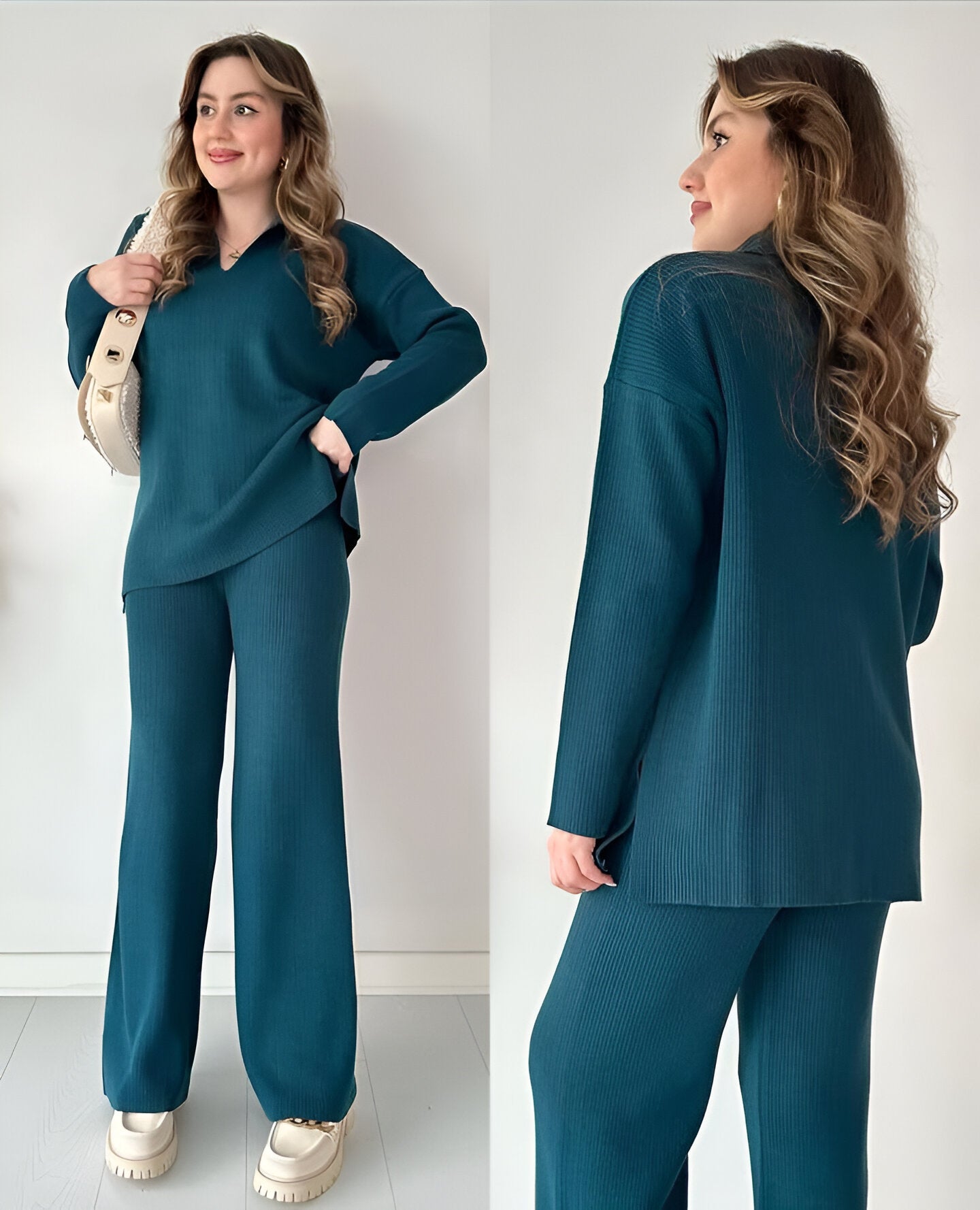 GREEN V-NECK 2 PIECE KNIT SET