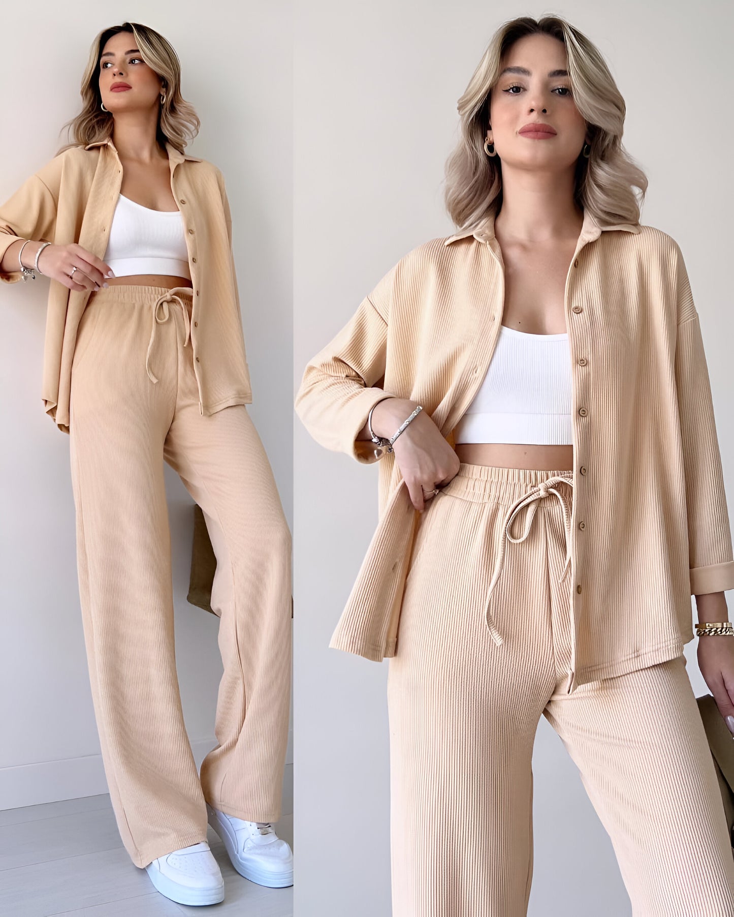 BEIGE BUTTON DOWN 2 PIECE SET