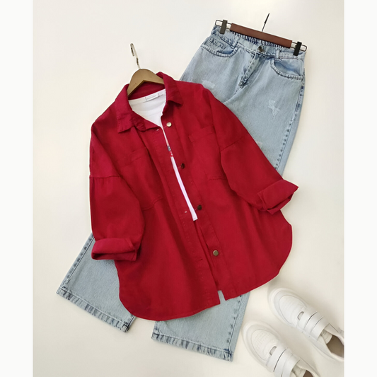 Red Button Down Shirt With Ice Blue Jeans